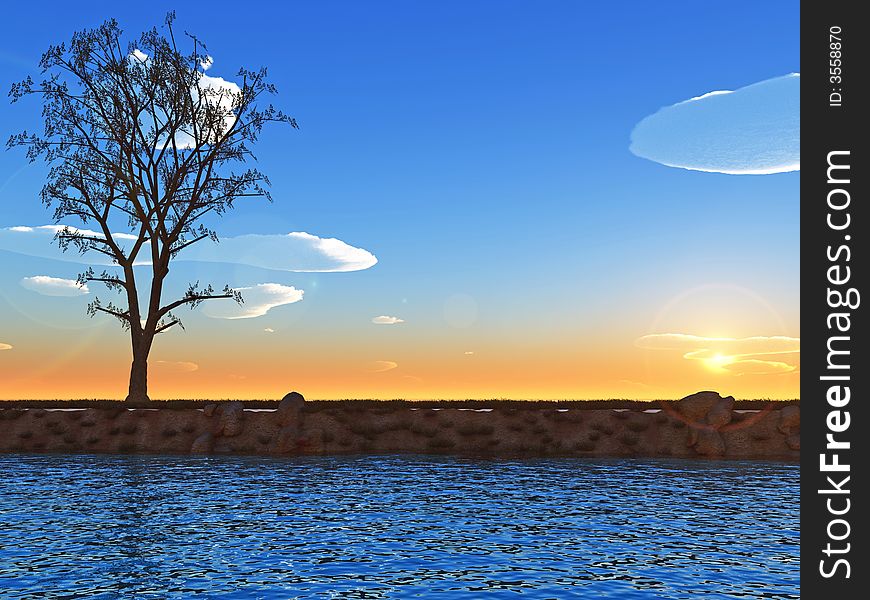 Maple tree on coast of lake - 3d illustration