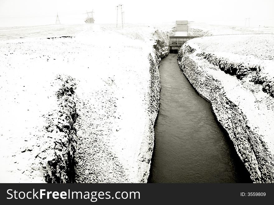 Power plant water stream, december, Iceland. Power plant water stream, december, Iceland