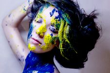 Beauty/fashion Portrait Of Woman Painted Blue And Yellow On Black Background Stock Photos Beauty/fashion Portrait Of Woman Painted Blue And Yellow On Black Background Stock Photos