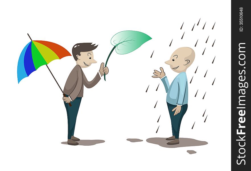 Man give the leaf to another man for rain protection