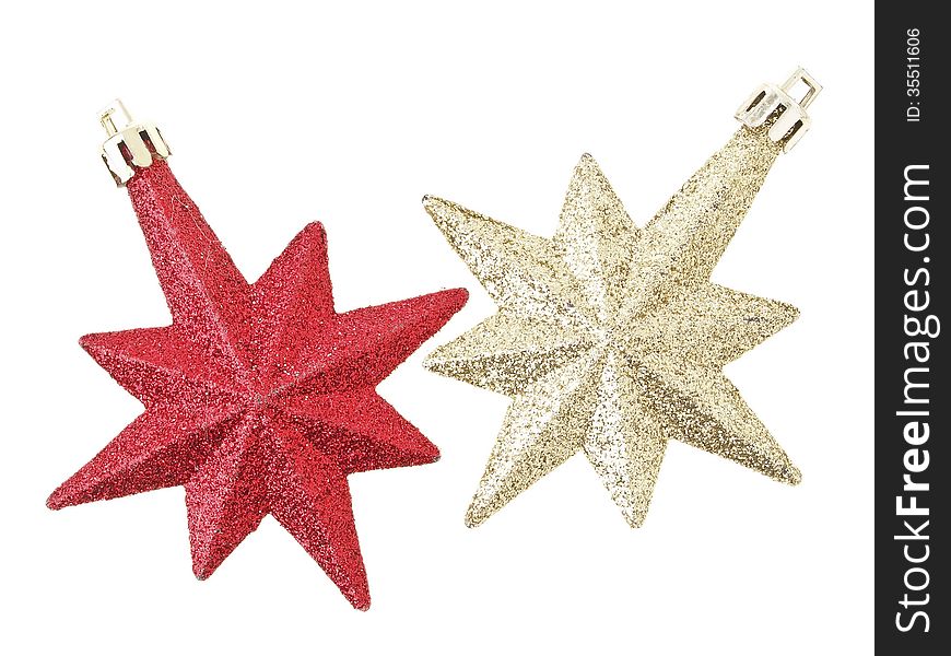 Pair of gold and red eight pointed star christmas decoration for design work. Pair of gold and red eight pointed star christmas decoration for design work