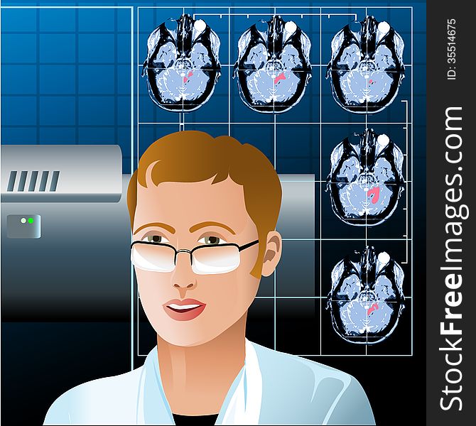 Illustration with young doctor sitting in the diagnostic room against tomography and medical equipment