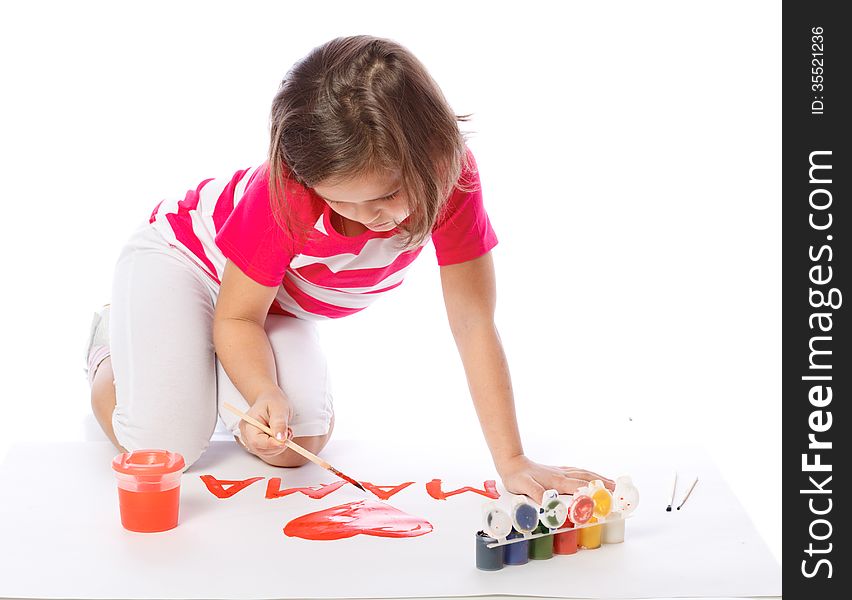 Little girl draw, paint, heart, Valentine's Day, March 8. Little girl draw, paint, heart, Valentine's Day, March 8