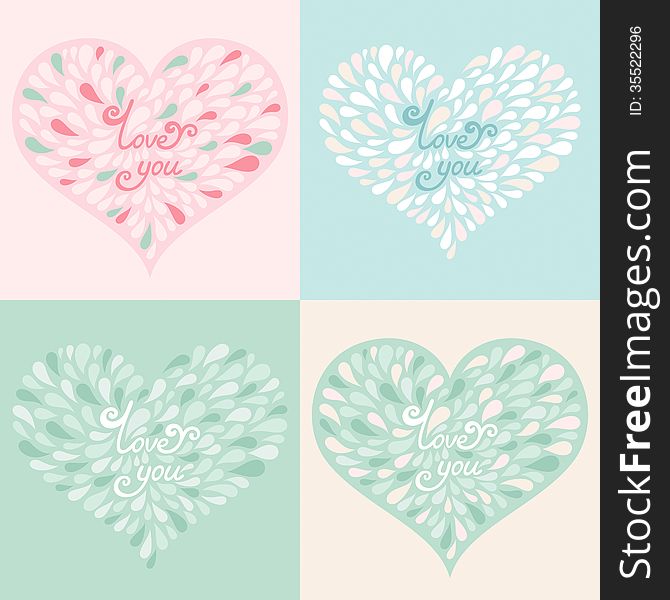 Vector set. Valentine hearts with text love you. Romantic illustration