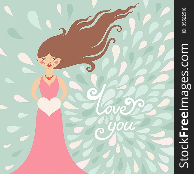Valentine greeting card with girl. Romantic vector illustration