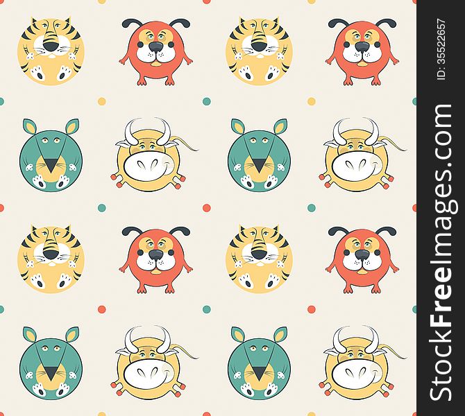 Colored pets pattern with cat, dog, mouse and cow. Vector illustration