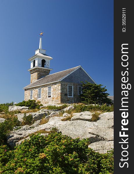 A sunny day at the historic Gosport Chapel on Star Island on New Hampshire's Isles of Shoals