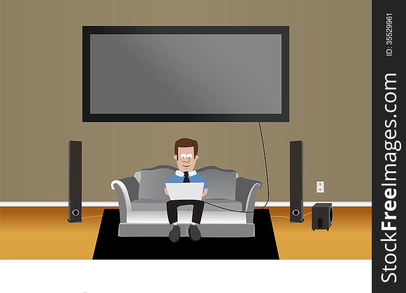 A 3-D vector illustration of a man sitting on a couch in his living room with a laptop on his lap and a flat screen television behind him mounted on the wall. A 3-D vector illustration of a man sitting on a couch in his living room with a laptop on his lap and a flat screen television behind him mounted on the wall.