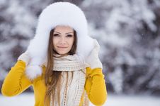 Christmas New Year Snow Winter Beautiful Girl In White Hat Nature Royalty Free Stock Photos