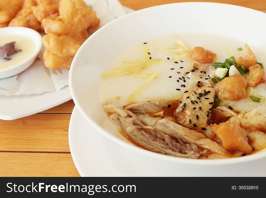 Rice porridge with pork and Patonko with sweet condensed milk