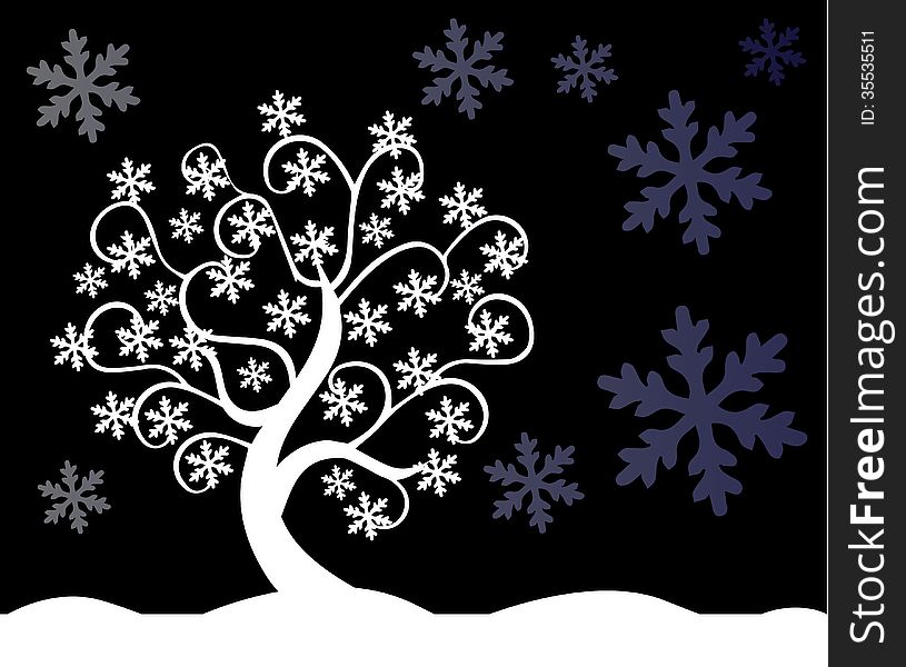Illustration of a winter tree silhouette.