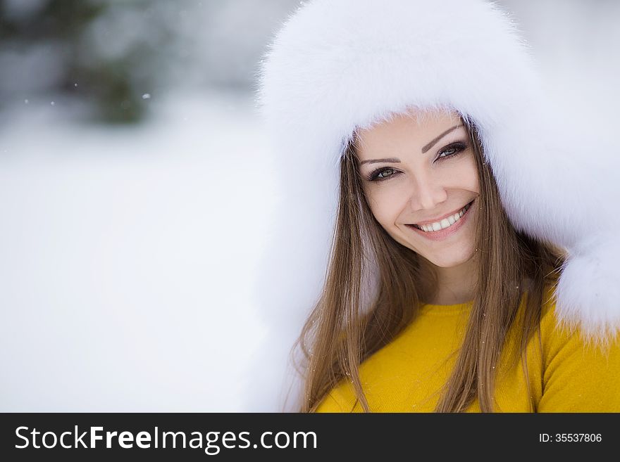 Christmas new year snow winter beautiful girl in white hat nature snow