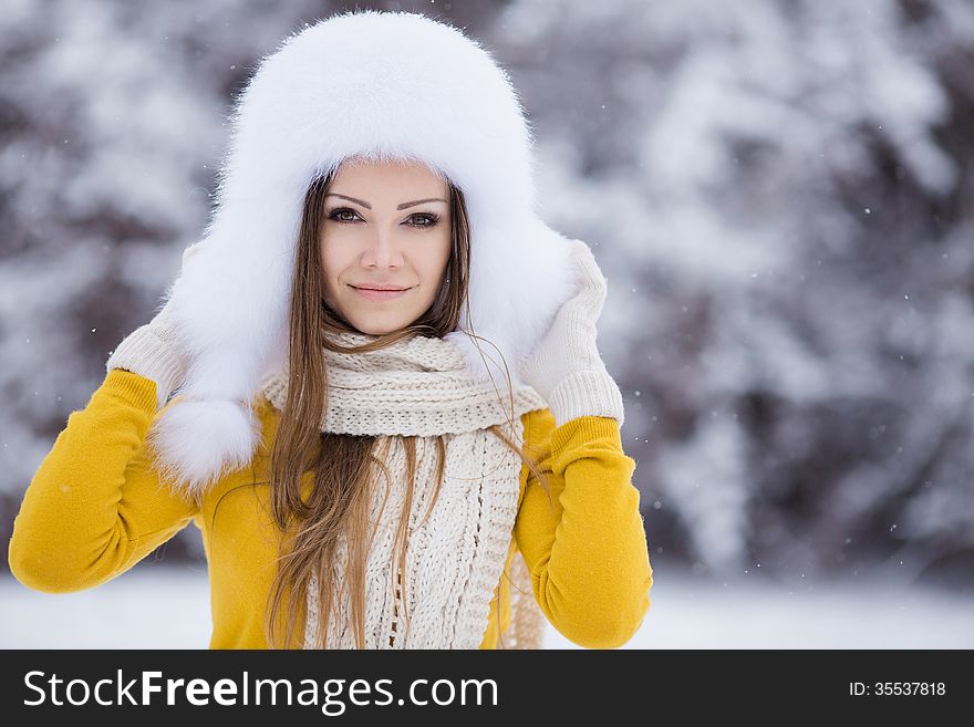 Christmas new year snow winter beautiful girl in white hat nature