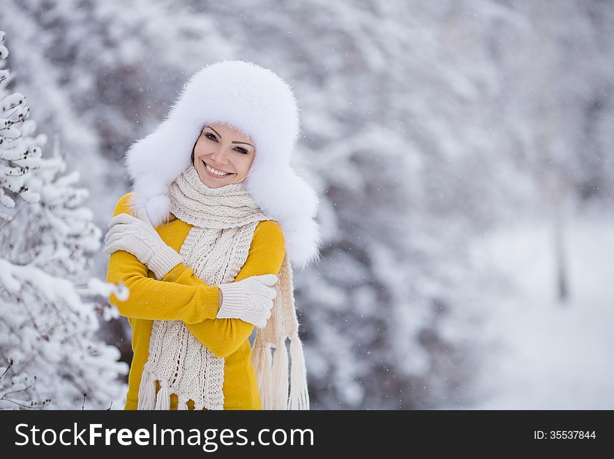 Christmas new year snow winter beautiful girl in white hat nature