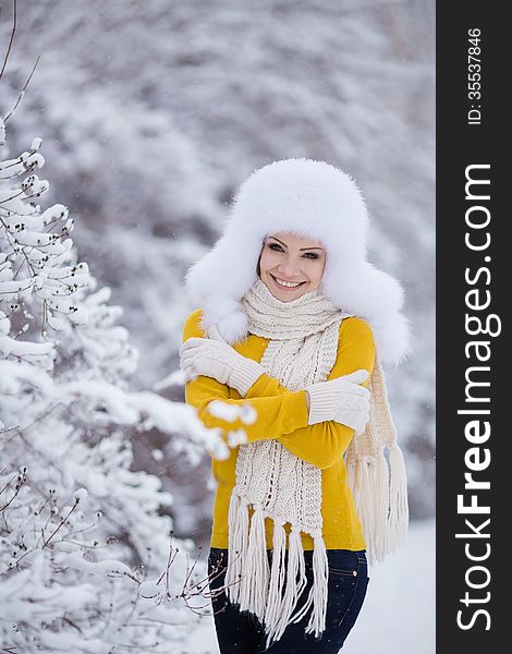 Christmas new year snow winter beautiful girl in white hat nature