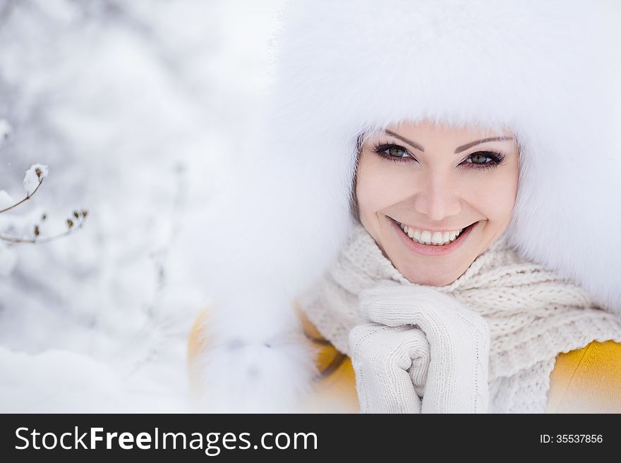 Christmas New Year Snow Winter Beautiful Girl In White Hat Nature