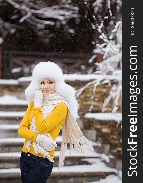 Christmas new year snow winter beautiful girl in white hat nature