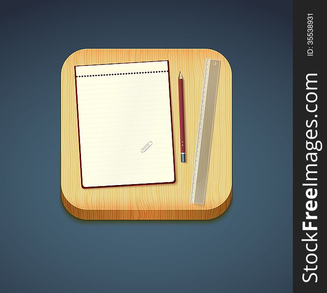 Mobile app icon - pencil, wood board, notebook, ruler.