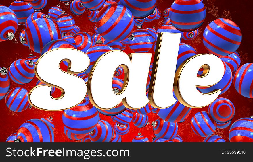 Sale on red background with blue christmas ornaments