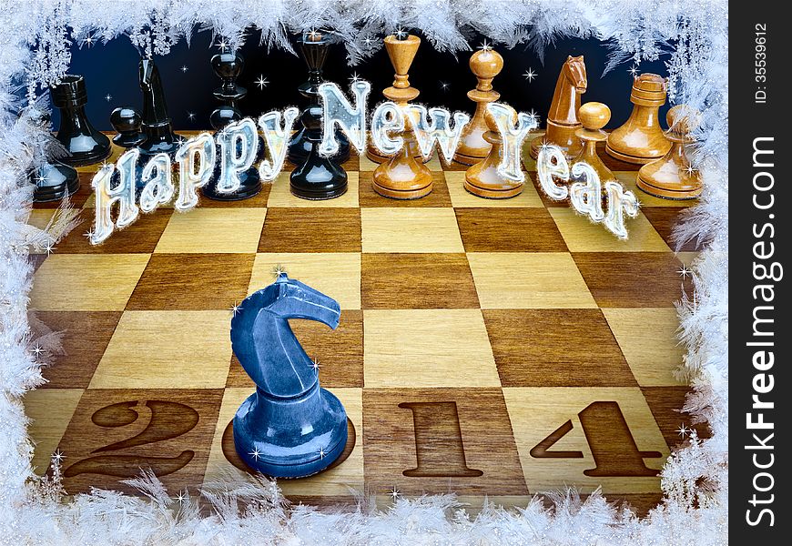 New Year's composition of 2014 from chessmen with a dark blue wooden horse. New Year's composition of 2014 from chessmen with a dark blue wooden horse