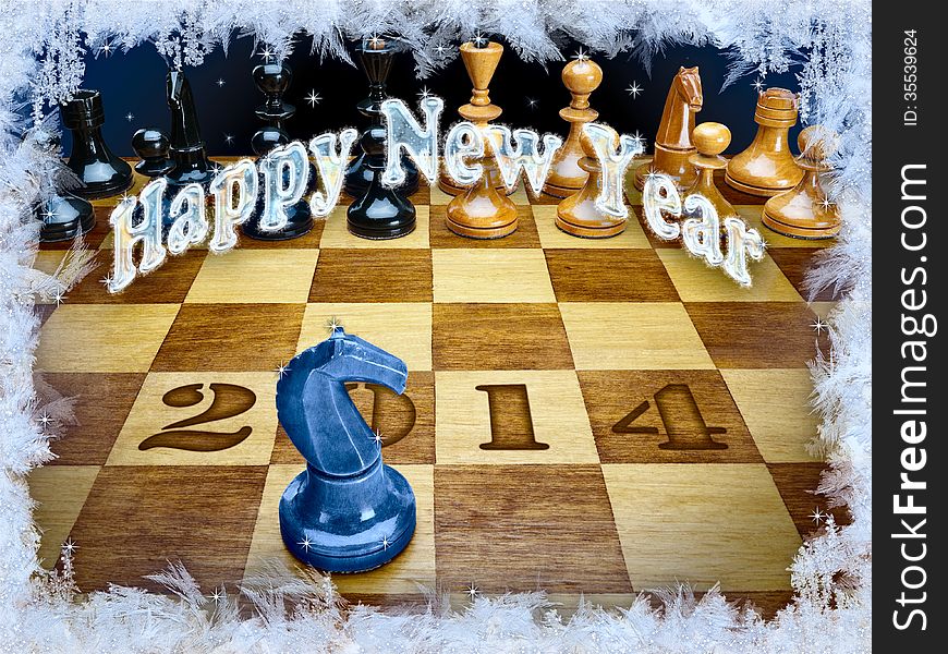 New Year's composition of 2014 from chessmen with a dark blue wooden horse. New Year's composition of 2014 from chessmen with a dark blue wooden horse