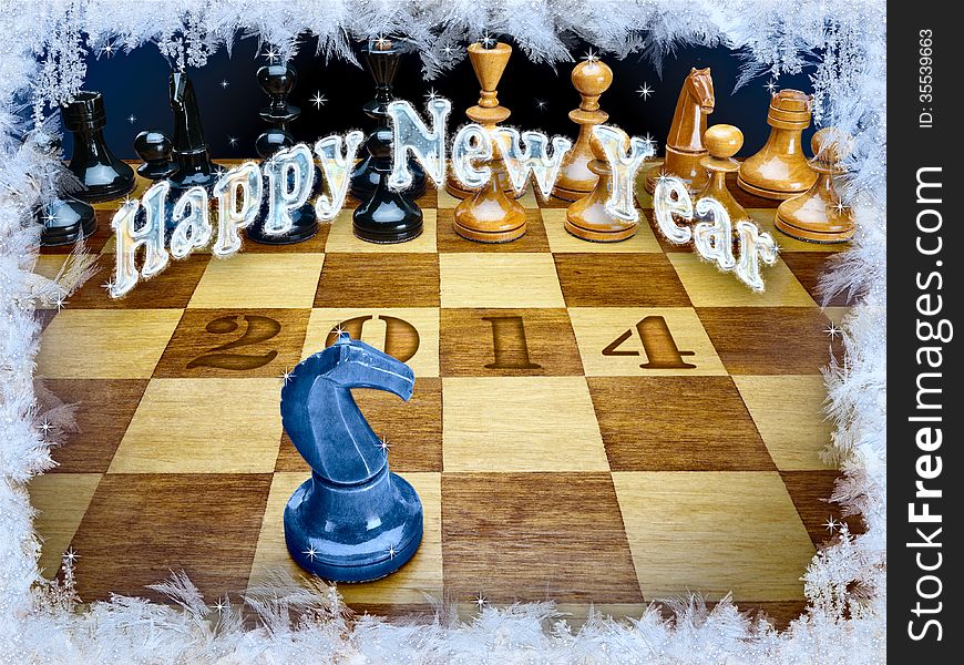 New Year's composition of 2014 from chessmen with a dark blue wooden horse. New Year's composition of 2014 from chessmen with a dark blue wooden horse