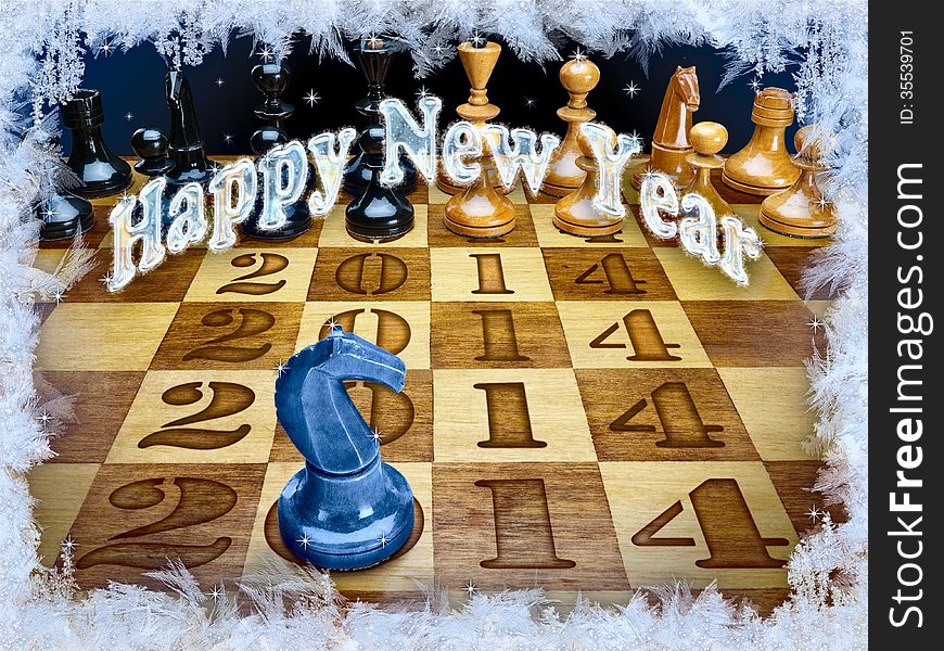 New Year's composition of 2014 from chessmen with a dark blue wooden horse. New Year's composition of 2014 from chessmen with a dark blue wooden horse