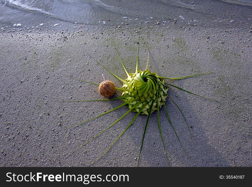 One Coconut And Sun Hat On The Sandy Sea Shore