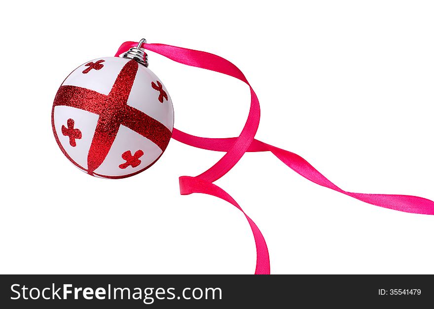 Beautiful white Christmas toy with red cross isolated on white. clipping, path.