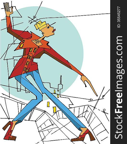 Fashion Vector illustration.Female in the upper clothing standing on the roof on a background of the city.Drow is in the style of cubism. Fashion Vector illustration.Female in the upper clothing standing on the roof on a background of the city.Drow is in the style of cubism.