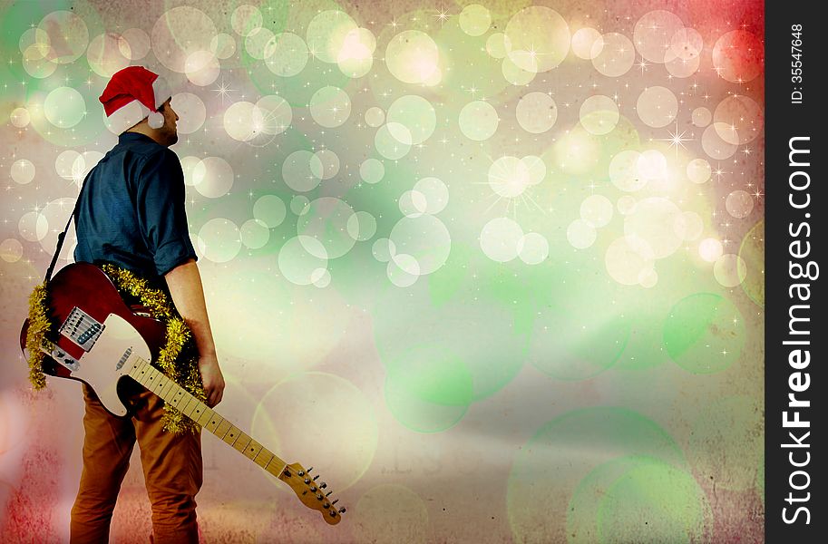 New Year background poster with guitarist man.