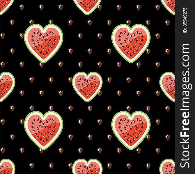 Halves of watermelon and seeds on a black background.Seamless pattern. Fabric ornament.Vector. Halves of watermelon and seeds on a black background.Seamless pattern. Fabric ornament.Vector