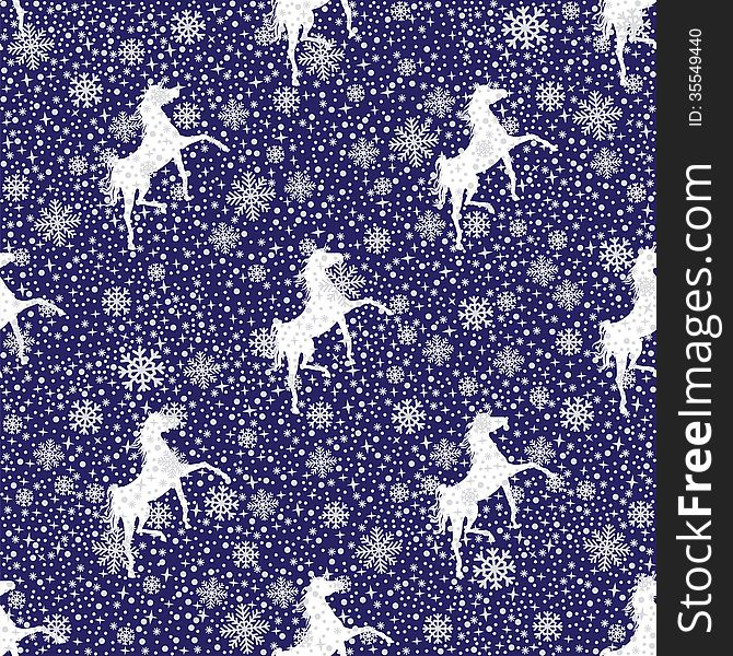 Vector winter white snowy and silhouette of a horses seamless pattern or background. Snowflakes, horses, and background lie on different layers.Vector. Vector winter white snowy and silhouette of a horses seamless pattern or background. Snowflakes, horses, and background lie on different layers.Vector