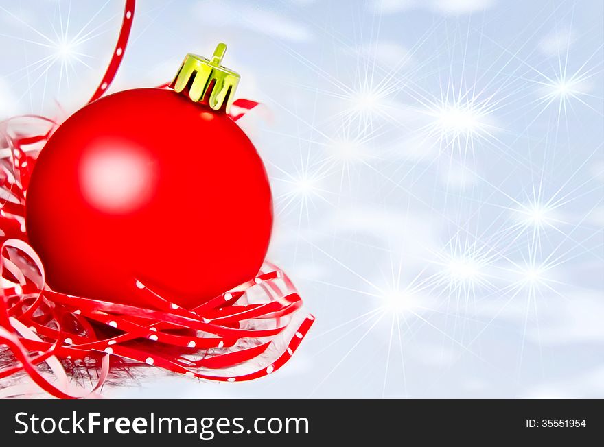 Red fir christmas ball on shining snow background. Red fir christmas ball on shining snow background