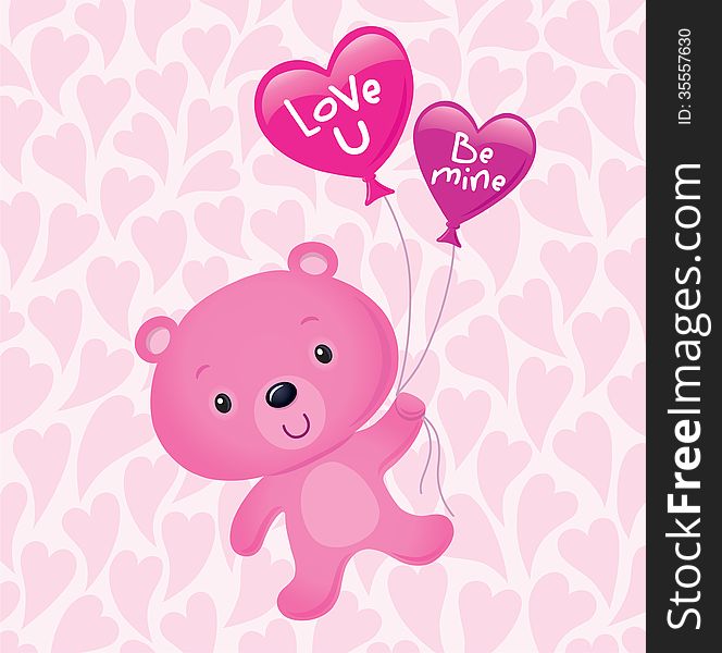Cartoon illustration of a cute pink teddy bear character floating in the air holding on to two heart shaped balloons - one pink with Love U and one purple with Be mine written on them - against a pink patterned heart background. Cartoon illustration of a cute pink teddy bear character floating in the air holding on to two heart shaped balloons - one pink with Love U and one purple with Be mine written on them - against a pink patterned heart background.