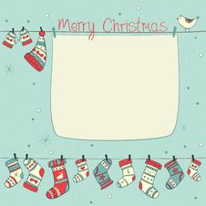 Christmas Card With Birds, Socks, Mittens And Hats Stock Photos Christmas Card With Birds, Socks, Mittens And Hats Stock Photos
