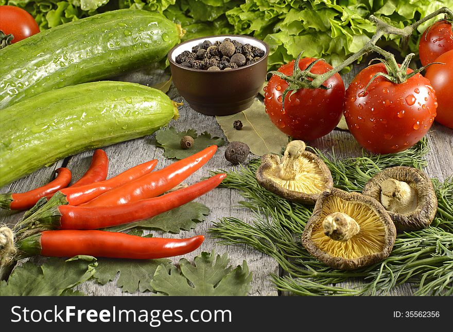 Vegetarian products still life with mushroom and vegetables. Vegetarian products still life with mushroom and vegetables