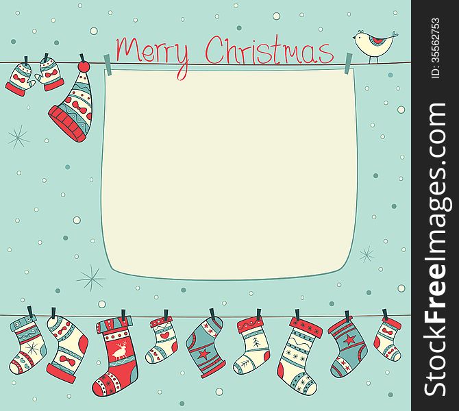 Christmas card with birds, socks, mittens and hats on cyan background with snowfall