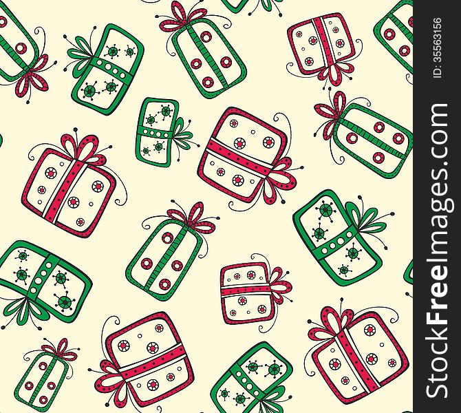 Seamless Pattern With Christmas Red And Green Gift