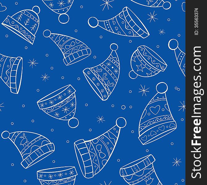 Winter Seamless Pattern With Hats On Blue Backgrou