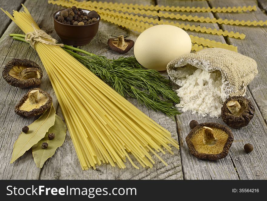 Spaghetti with mushrooms and egg still life. Spaghetti with mushrooms and egg still life