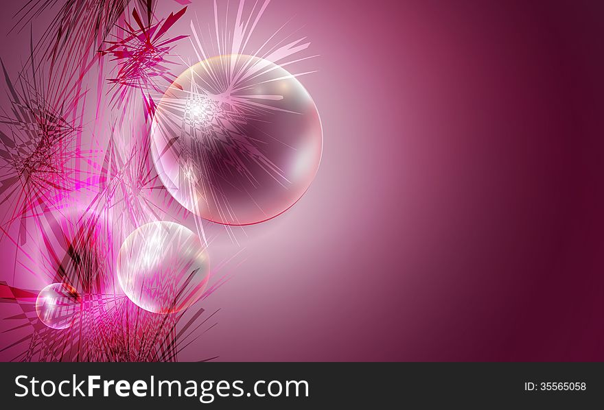 Purple abstract background and transparent balls