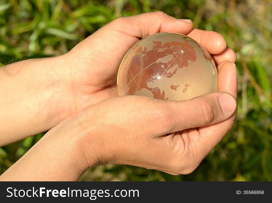 Globe In Hands On Green Background.