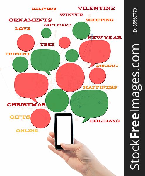 Hand holding smartphone colorful bubbles/buttons floating of it with online shopping text. Hand holding smartphone colorful bubbles/buttons floating of it with online shopping text.