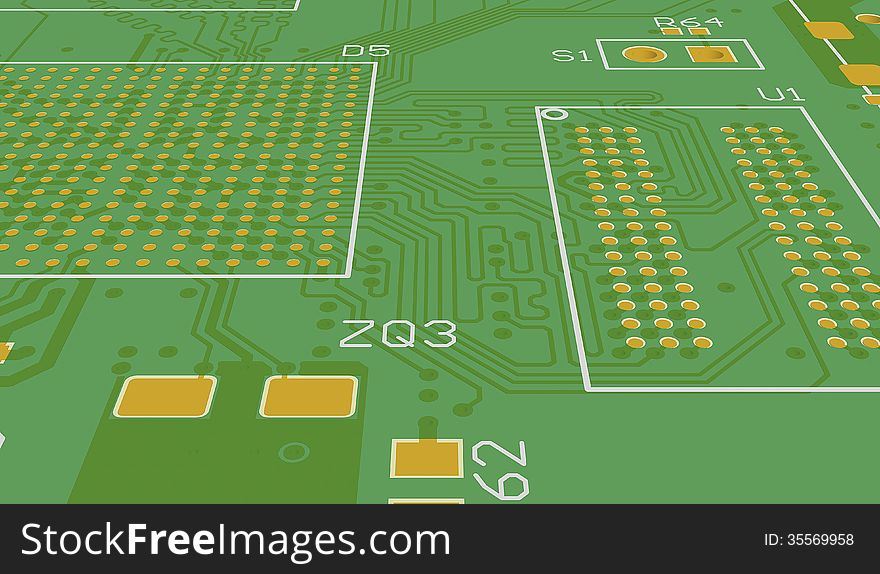 PCB green without elements. Chip suite.