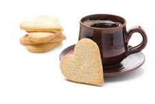 Cup Of Black Coffee And Cookies In The Shape Of Heart, Isolated Royalty Free Stock Photos Cup Of Black Coffee And Cookies In The Shape Of Heart, Isolated Royalty Free Stock Photos