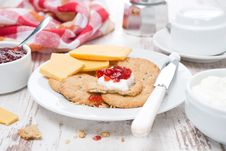 Delicious Breakfast With Crackers, Cream Cheese And Berry Jam Stock Images Delicious Breakfast With Crackers, Cream Cheese And Berry Jam Stock Images