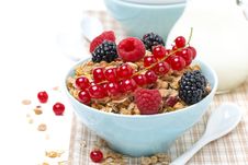 Delicious Granola In The Bowl With Fresh Berries And Jug Of Milk Royalty Free Stock Photo