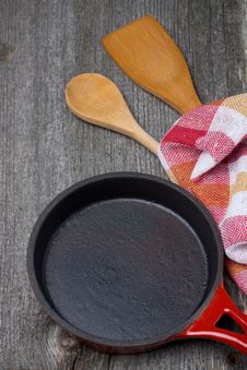 Empty Frying Pan, Wooden Spoon And Spatula, Concept Stock Photo Empty Frying Pan, Wooden Spoon And Spatula, Concept Stock Photo