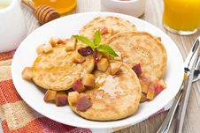 Homemade Pancakes With Peaches And Honey, Top View Royalty Free Stock Photography